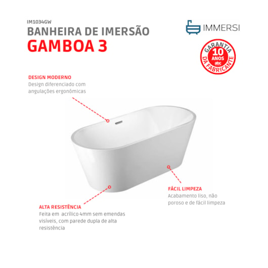 Banheira Acrílica De Imersão Moderna Gamboa 3 Glossy White Immersi 169,5x75x59cm - Imagem principal - f566360b-2998-4bd1-a427-081093a39106