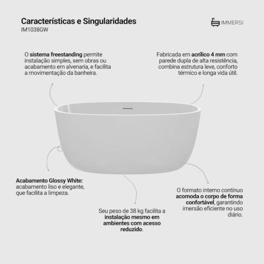 Banheira Acrílica Taípe Glossy White Immersi 140,3cmx80cmx58cm - Imagem principal - b4dedb26-8b36-4317-8e58-e3b8771868ec