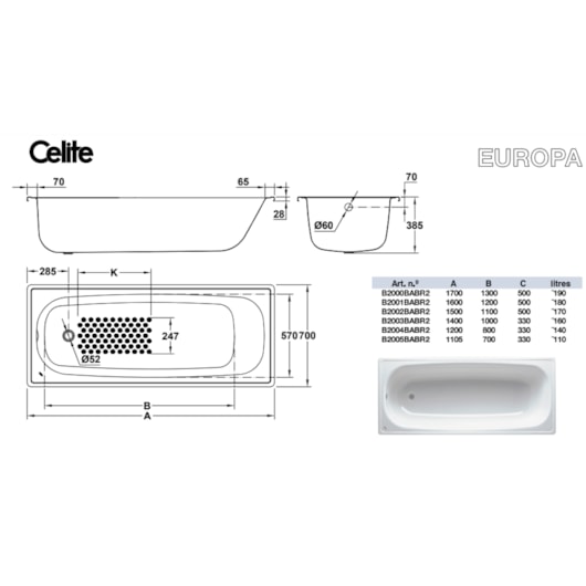 Banheira De Aço Esmaltado Sem Válvula Europa Branco Celite 150x70cm  - Imagem principal - 3ac87552-93e5-4e58-9411-bc7ed9a54485