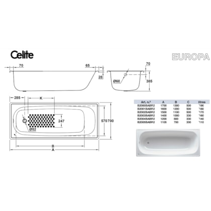 Banheira De Aço Esmaltado Sem Válvula Europa Branco Celite 150x70cm