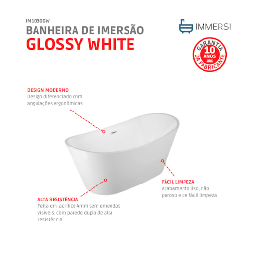 Banheira Moderna Porto Belo Glossy White 240L Immersi 170x81x68cm - Imagem principal - eddbd151-0ae9-409e-b6ec-71b5ae958298