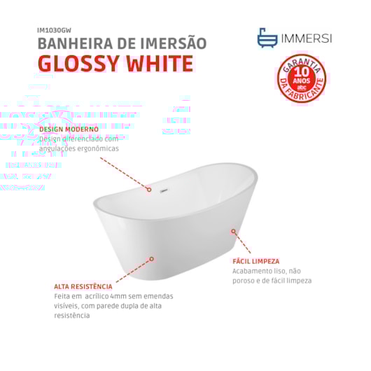 Banheira Moderna Porto Belo Glossy White Immersi 240L 170x81x68cm - Imagem principal - 87e49d0e-8ef7-4708-aac8-c71edafb0bad