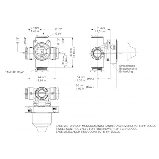 Base Misturador Monocomando Para Banheira Ou Chuveiro 1/2 e 3/4 Docol - Imagem principal - 28f07f7e-c22a-445a-9da5-54ec54ff8df1