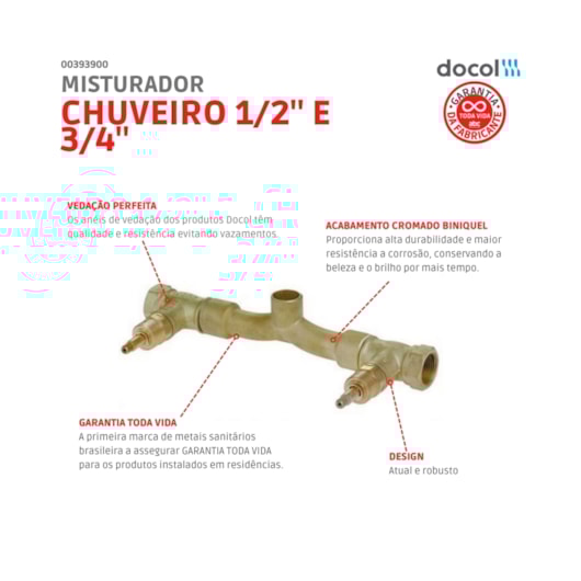 Base Misturador Para Chuveiro Ou Ducha Higiênica Roscável De Acionamento 1/2 Volta 3/4 DocolBase Docol - Imagem principal - 18fa45d3-84b6-4ad6-be31-75acf18384db