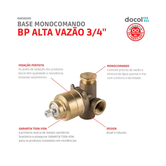 Base Monocomando Para Banheira Ou Chuveiro Alta Vazão 3/4 Baixa Pressão Docol - Imagem principal - 9495f0e1-5e8c-44bc-b7a5-a45247f2a95f