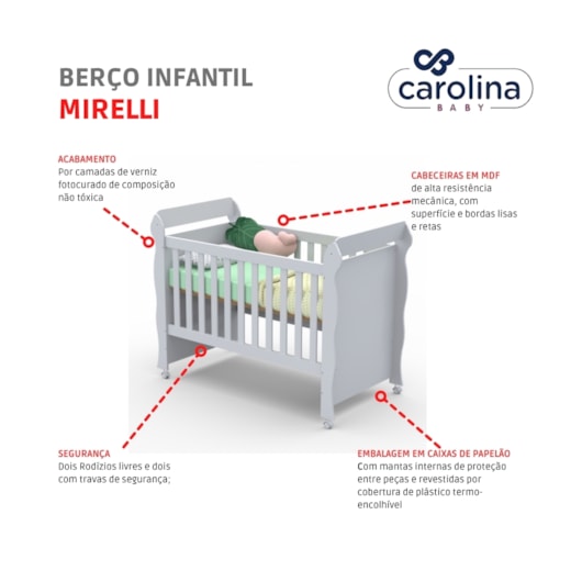 Berço Infantil Mini Cama Mirelli Branco Brilho Carolina Baby - Imagem principal - b9b8f2a4-97c6-4f7d-9199-cd1d93974d00