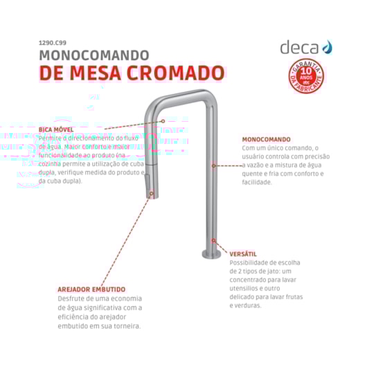 Bica Para Monocomando de Mesa para Cozinha You Cromado Deca - Imagem principal - 723eb7fc-410a-4911-970b-c6bee1d8d648