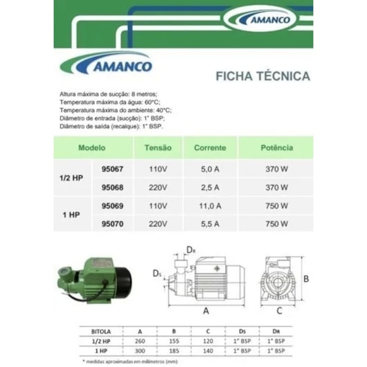 Bomba Dágua 1HP 60L/MIN Amanco 220V XKM80 - Imagem principal - 2cc18b93-bb90-4a81-b958-e1b02766c43a