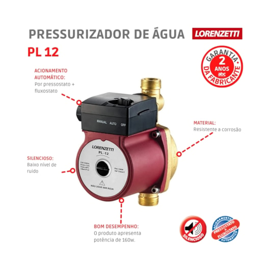 Bomba Pressurizador Água Fluxostato PL12 160W 12mca 1800L/h 127V Lorenzetti  - Imagem principal - 657a98b0-06fd-48eb-a5af-3e0f28781c5e