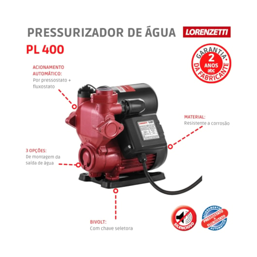 Bomba Pressurizador Água Fluxostato Pressostato PL400P 1/2 Cv 370W 40mca Bivolt Lorenzetti - Imagem principal - ad9c73be-312b-40d9-86ca-e47d2b090c12