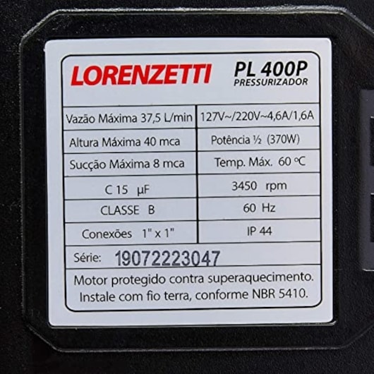 Bomba Pressurizador Água Fluxostato Pressostato PL400P 1/2 Cv 370W 40mca Bivolt Lorenzetti - Imagem principal - 2742eae4-e6ff-4195-8e55-6747581c3c69