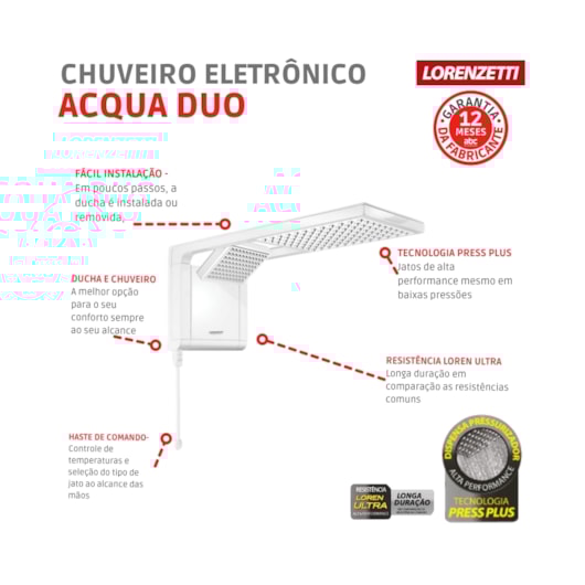 Chuveiro Acqua Duo Ultra Branco 127V 5500W Lorenzetti - Imagem principal - e26f460f-6d4a-4ed9-bd7b-2e3f495d7001