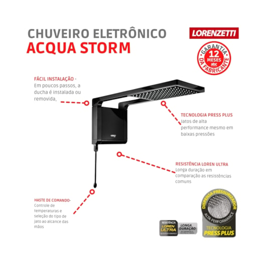 Chuveiro Acqua Storm Ultra Preto Lorenzetti 220V 6800W  - Imagem principal - d6c7c2db-9a46-4dc8-91da-6a055ef984ea