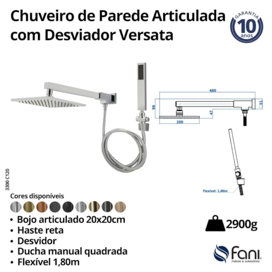 Chuveiro Articulado De Parede Com Desviador Versata 120 Cromado Fani  - Imagem principal - aaf167d5-5004-4bd4-b3ff-440841e9b27e