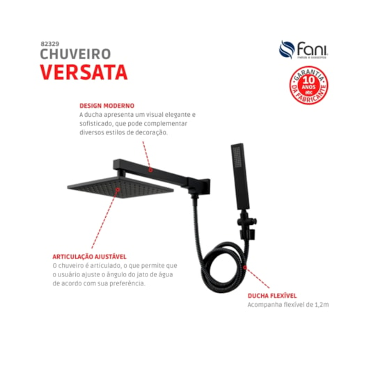 Chuveiro Articulado De Parede Com Desviador Versata Preto Fosco Fani - Imagem principal - 28252903-ad4a-4c29-9cb5-618a84f21378