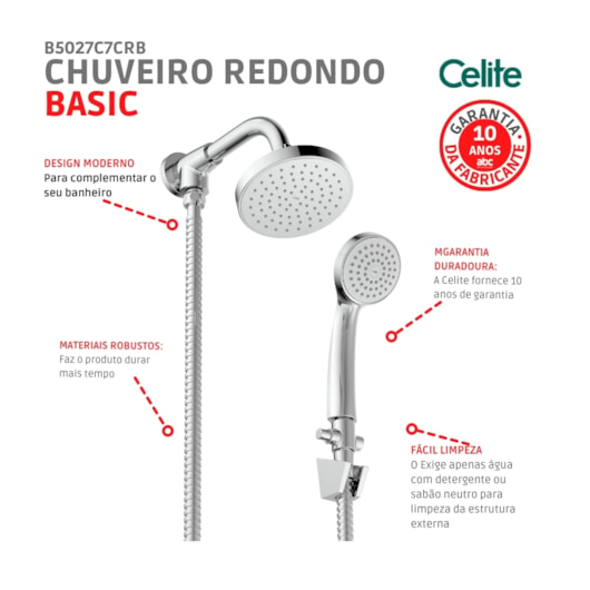 Chuveiro Com Desviador e Ducha Manual Basic Cromado Celite 120mm - Imagem principal - bcd404b6-7fb8-4c15-9467-3540eb4d04f7