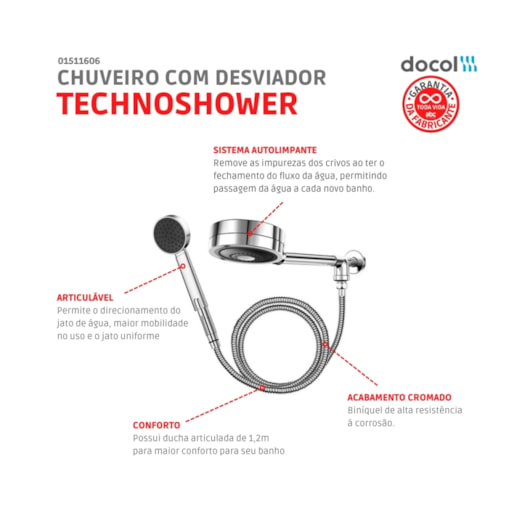Chuveiro Com Desviador Technoshower Cromado Docol - Imagem principal - a26fd2de-6e09-42cd-98a9-ad23b78288d2