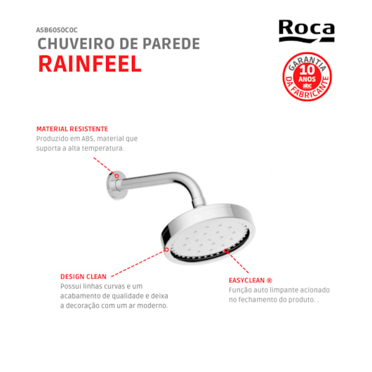 Chuveiro Com Tubo De Parede 150 Autolimpante Rainfeel Cromado Roca - Imagem principal - 66848821-0b0f-4612-bb29-f9a034235438