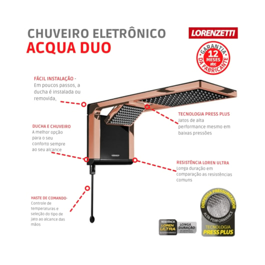 Chuveiro De Parede Acqua Duo Lorenzetti Black/ Rose Gold 127v/5500w - Imagem principal - 49957d99-b6b2-4785-9344-7974b5005e78