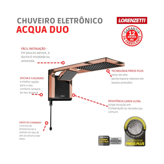 Chuveiro De Parede Acqua Duo Lorenzetti Black/ Rose Gold 220v/6800w - Imagem principal - 8e49f71a-4802-42a6-8b41-6492f73b9e8e