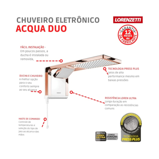 Chuveiro De Parede Acqua Duo Lorenzetti Branco/ Rose Gold 220v/7800w - Imagem principal - ed37656c-754b-40ee-af89-70b93946a744