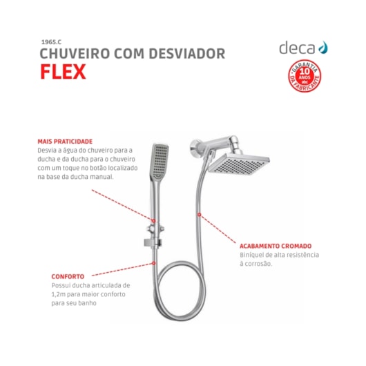 Chuveiro De Parede Com Desviador E Ducha Manual Flex Cromado Deca - Imagem principal - 5a20c4f0-eecd-48e2-9f5a-65f02535a7d4