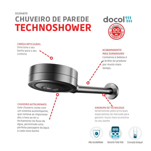 Chuveiro De Parede Novo Technoshower Grafite Escovado Docol - Imagem principal - a128bdc6-fa94-449e-9b13-480c207c9d46