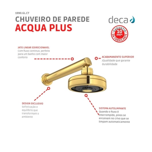 Chuveiro De Parede Redondo Acqua Plus 1990 Com Tubo Reto Gold Deca - Imagem principal - 1712c15f-865a-440e-941e-06e96eef2d58