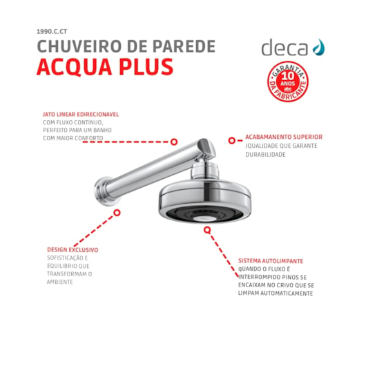 Chuveiro De Parede Redondo Acqua Plus Com Tubo 1990 Cromado Deca - Imagem principal - 747470bd-11e7-4ba6-aa41-3fd4c1bc8e4d