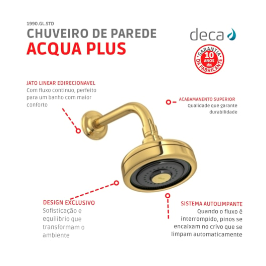 Chuveiro De Parede Redondo Acqua Plus Com Tubo Curvo Gold Deca - Imagem principal - 09e10776-83e2-45de-9404-f0a5364aaee1