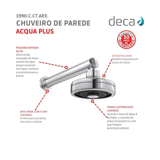 Chuveiro De Parede Redondo Acqua Plus Tubo Reto Are Cromado Deca - Imagem principal - d3b47691-3c6e-4bb4-9055-52e9e90fd88b