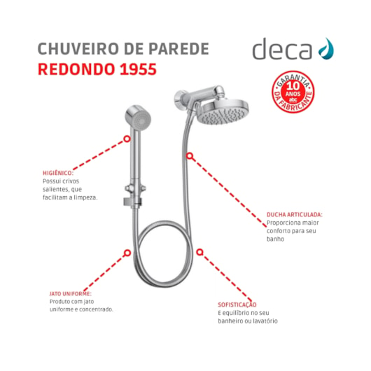 Chuveiro De Parede Redondo Flex Com Desviador E Ducha 1955 Cromado Deca - Imagem principal - 3059eebd-635b-4ea6-8430-7eeb58a609d7