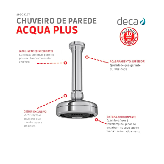 Chuveiro De Teto Redondo Acqua Plus 1990 Com Tubo Cromado Deca - Imagem principal - 74b4a89a-05e5-4b8e-bc33-52f33aa1f0a6