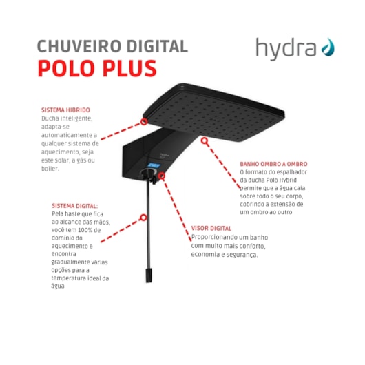 Chuveiro Digital Polo Plus 127v 5500w Preto Hydra - Imagem principal - 54bfbf3e-0c43-4ac5-8cf5-bcd097821773