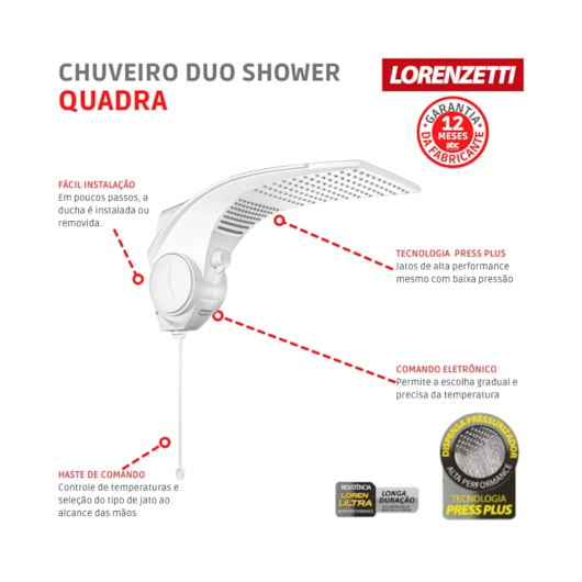 Chuveiro Duo Shower Quadra Branco Lorenzetti 127V 5500W - Imagem principal - 536c5e2a-08a5-48b3-82a5-1e00afc49b44