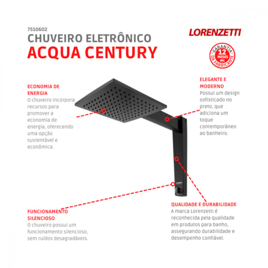 Chuveiro Eletrônico Acqua Century PRETO 127V 5500W Lorenzetti - Imagem principal - f5b2a904-6728-442d-b3a0-d790c5644c23