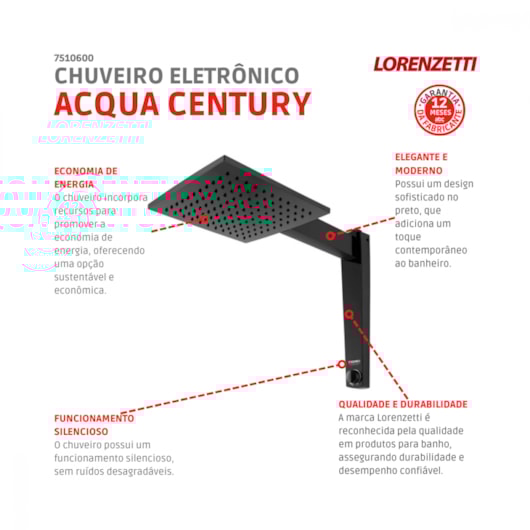 Chuveiro Eletrônico Acqua Century preto 220V 7500W Lorenzetti - Imagem principal - 1802c3ab-babc-4e24-a2d2-e23ec3626f79