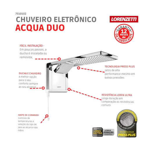 Chuveiro Eletrônico Acqua Duo Ultra 220v 6800w Branco/cromado Lorenzetti - Imagem principal - c2f563a3-89a2-4dae-9355-91723fe35449