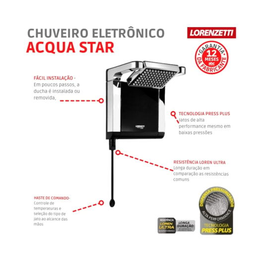 Chuveiro Eletrônico Acqua Star Ultra 127v 5500w Preto/cromado Lorenzetti - Imagem principal - 529f3271-e518-4714-aada-3aa0a7ec75ea