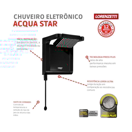Chuveiro Eletrônico Acqua Star Ultra 127v 5500w Preto Lorenzetti - Imagem principal - 5ab94e3f-7e18-4b66-a2dc-0313856675e2