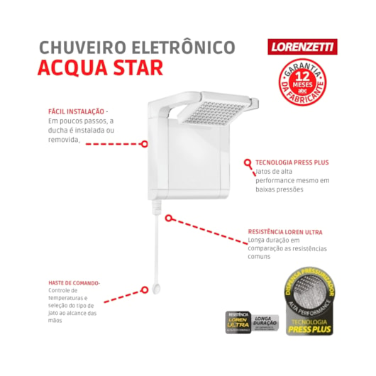 Chuveiro Eletrônico Acqua Star Ultra 220v 6800w Branco Lorenzetti - Imagem principal - dd830c9a-09c6-4b2e-9a39-b16c129f4593