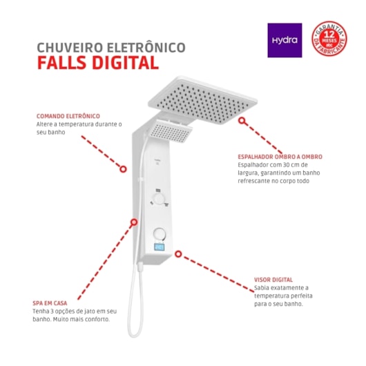 Chuveiro Eletrônico Digital Ducha de Parede Hydra Falls Power Branco 7700W 220V - Imagem principal - 7e6f5c17-5d82-46aa-8fe3-31695b9d5b10