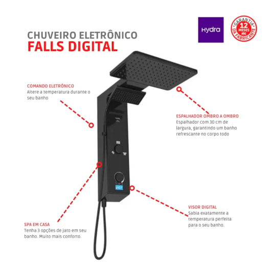 Chuveiro Eletrônico Digital Ducha de Parede Hydra Falls Power Preto 5500W 110V - Imagem principal - e74d7307-f20d-461f-89ca-ae136efe18eb