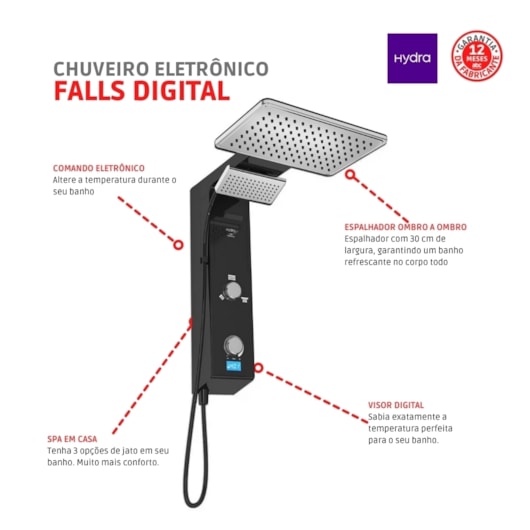 Chuveiro Eletrônico Digital Ducha de Parede Hydra Falls Power Preto E Cromo 5500W 110V - Imagem principal - 7deb60b2-c19b-4048-a7d5-1c65fe2ae9f7