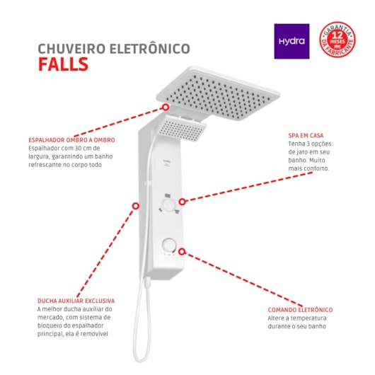 Chuveiro Eletrônico Ducha de Parede Hydra Falls Power Branco 5500W 110V - Imagem principal - a76518e0-8659-49f8-b2a4-630a38586bfd