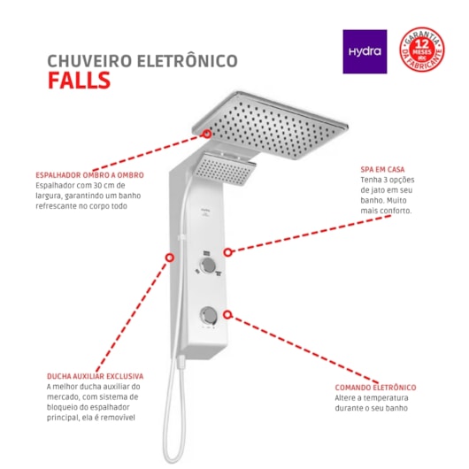 Chuveiro Eletrônico Ducha de Parede Hydra Falls Power Branco E Cromo 5500W 110V - Imagem principal - 6770c43a-173f-4e5e-9c39-4efd274b681d