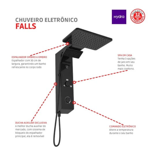 Chuveiro Eletrônico Ducha de Parede Hydra Falls Power Preto 5500W 110V - Imagem principal - ea438fde-9e67-4047-b151-622fca97bc8f