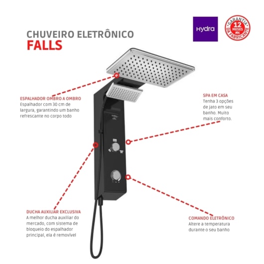 Chuveiro Eletrônico Ducha de Parede Hydra Falls Power Preto e Cromado 7700W 220V  - Imagem principal - 7eb4b1d7-0efb-4101-be39-a9d4aae511fb