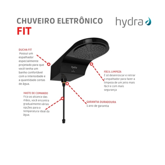 Chuveiro Eletrônico Fit 127v 5500w Preto Hydra - Imagem principal - 0456ece3-ef66-4922-a53a-761cf7e941b1