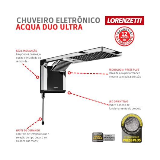 Chuveiro Eletrônico Flex Hibrido Acqua Duo Ultra 127v 5500w Preto e Cromo Lorenzetti - Imagem principal - 54eb5493-cd71-4018-bee6-2be587d34f8d